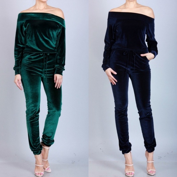 off the shoulder velour jumpsuit